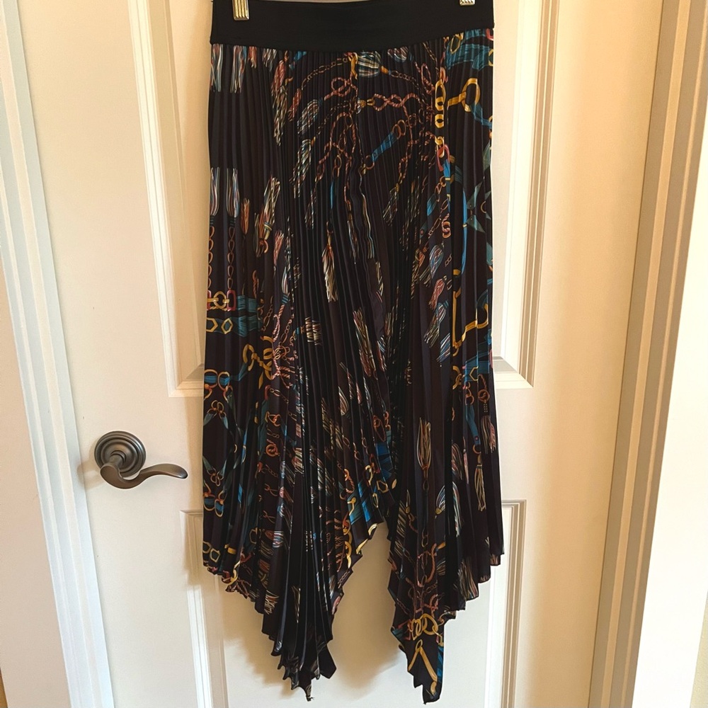 Zara Basic pleated accordion skirt with chain & tassel print on black background